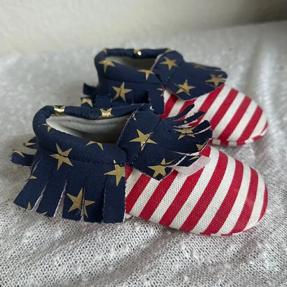 4th of July Red White & Blue Fringe Mocassins Shoes size 5